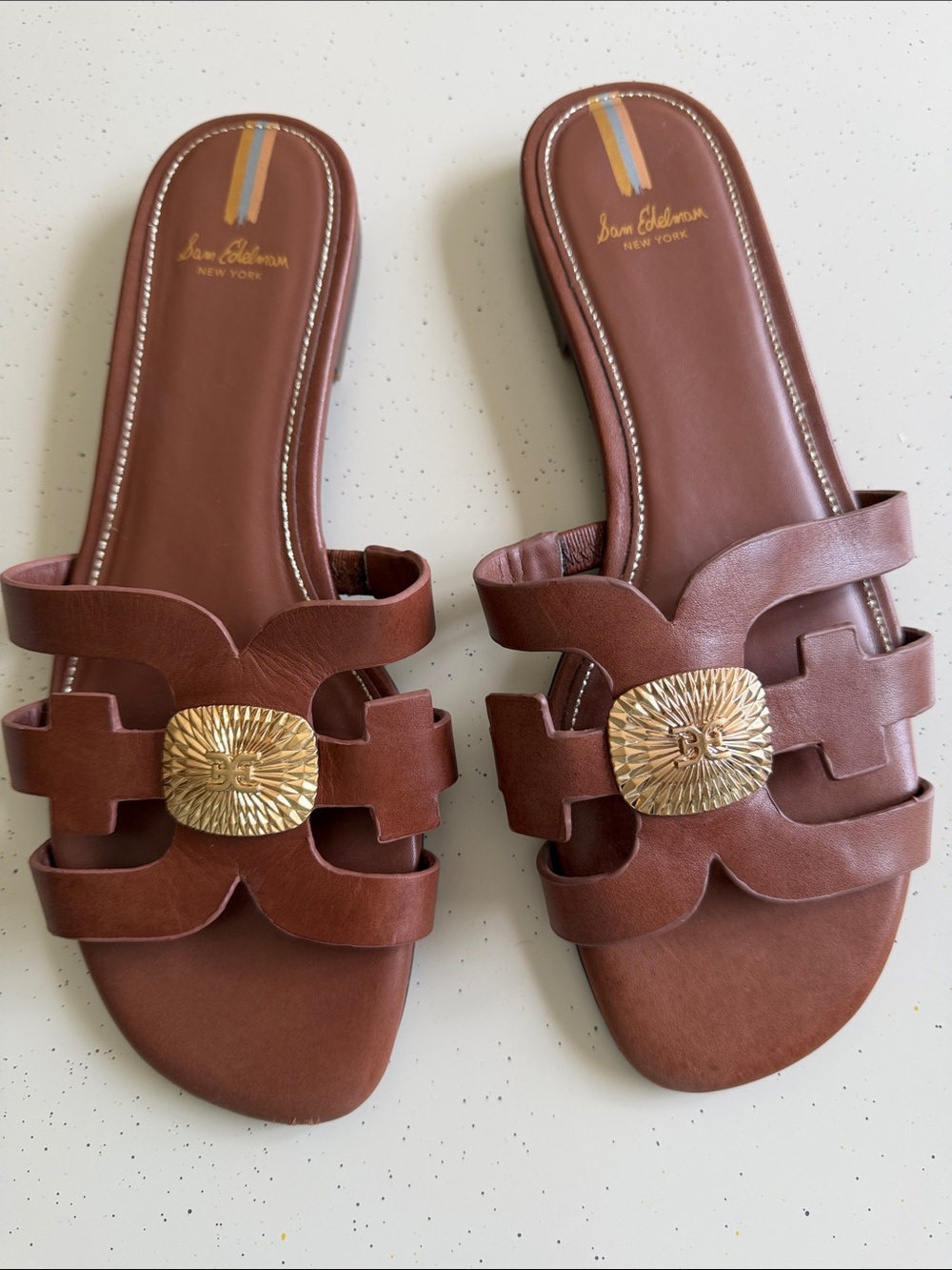 Sam Edelman Leather Slide Sandals with Gold Medallion - Brown Size:9 - Picture 3 of 7